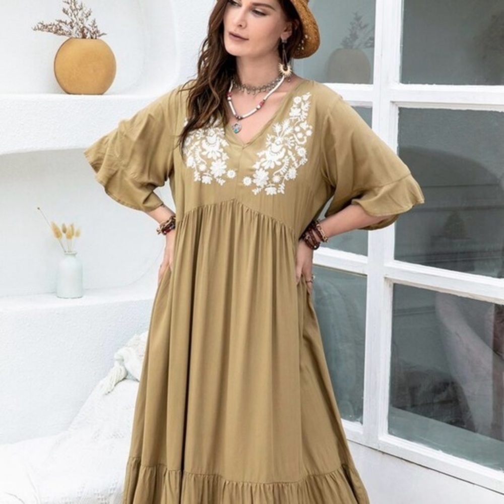 Boho V-Neck Tan Embroidered Maxi Dress